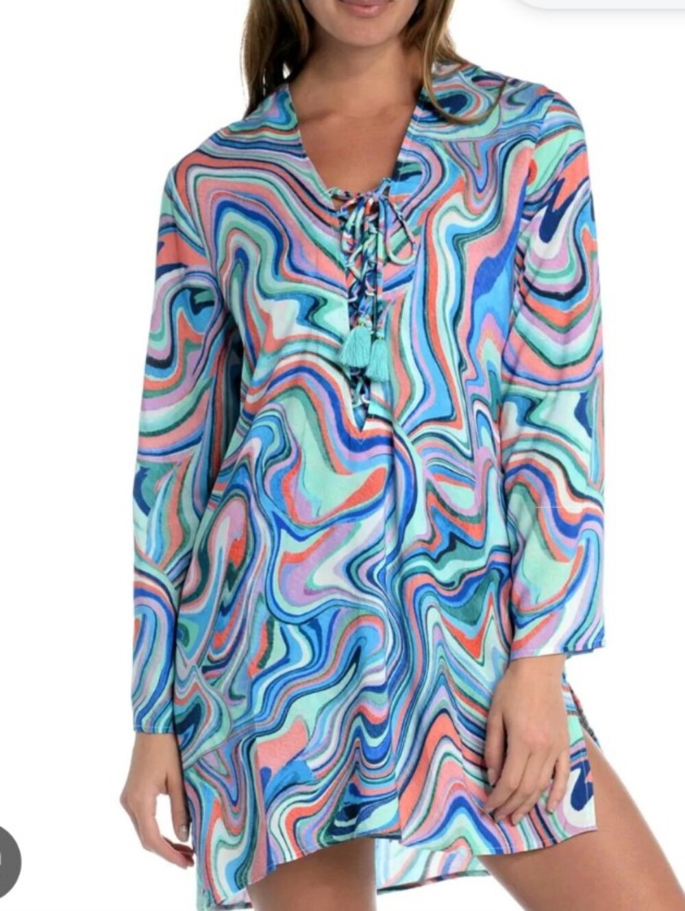 La Blanca Swirl Print Long Sleeve Lace-Up Beach Tunic Coverup Mod Festival Retro